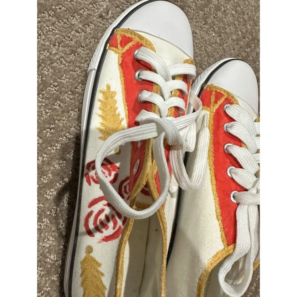 Hand-Painted‎ Canvas Sneakers With Floral Design Gold & Red Accents Lace-Up